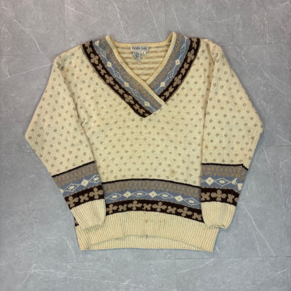 Andrea Gayle Vintage Silk Angora Blend Fair Isle V-Neck Sweater Cream Blue Small